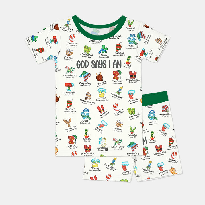 Christmas God Say I Am Alphabet Two Piece Short Sleeve Pajama Set , Christmas God Say I Am Alphabet Two Piece Short Sleeve Pajama Set - 12-18M / Red / Girl
