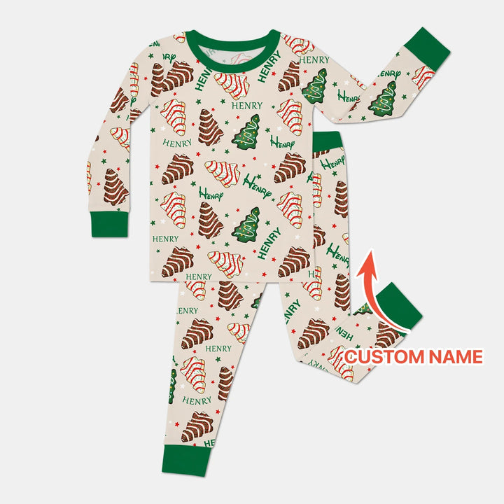 Christmas Tree Cake Custom Name Two Piece Long Sleeve Pajama Set - Zumbamboo