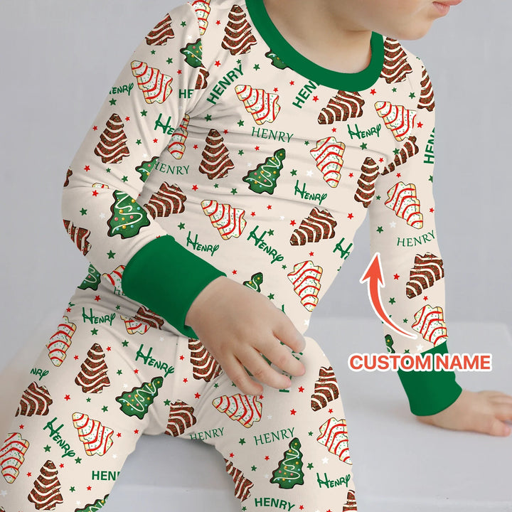 Christmas Tree Cake Custom Name Two Piece Long Sleeve Pajama Set - Zumbamboo