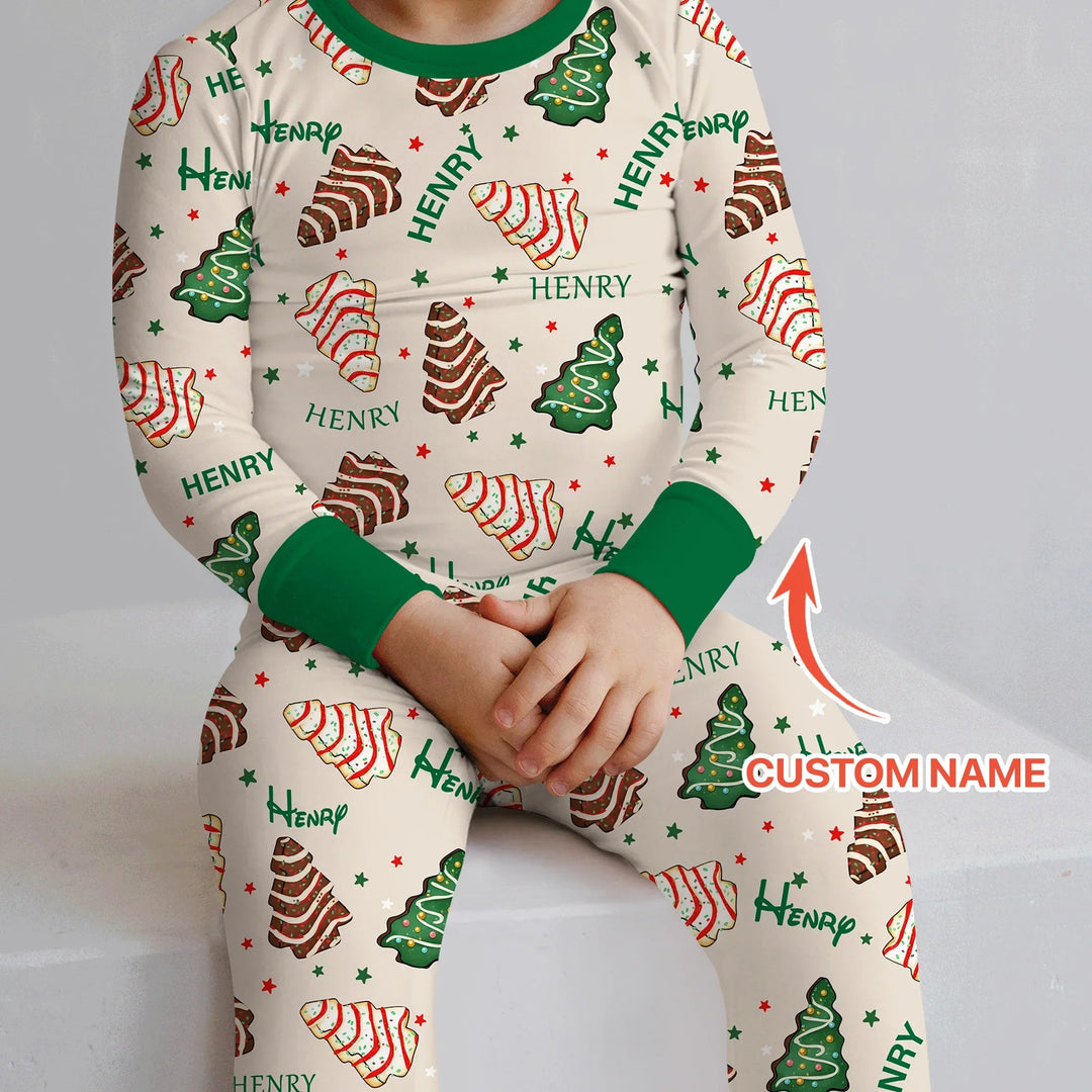Christmas Tree Cake Custom Name Two Piece Long Sleeve Pajama Set - Zumbamboo