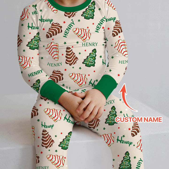 Christmas Tree Cake Custom Name Two Piece Long Sleeve Pajama Set - Zumbamboo