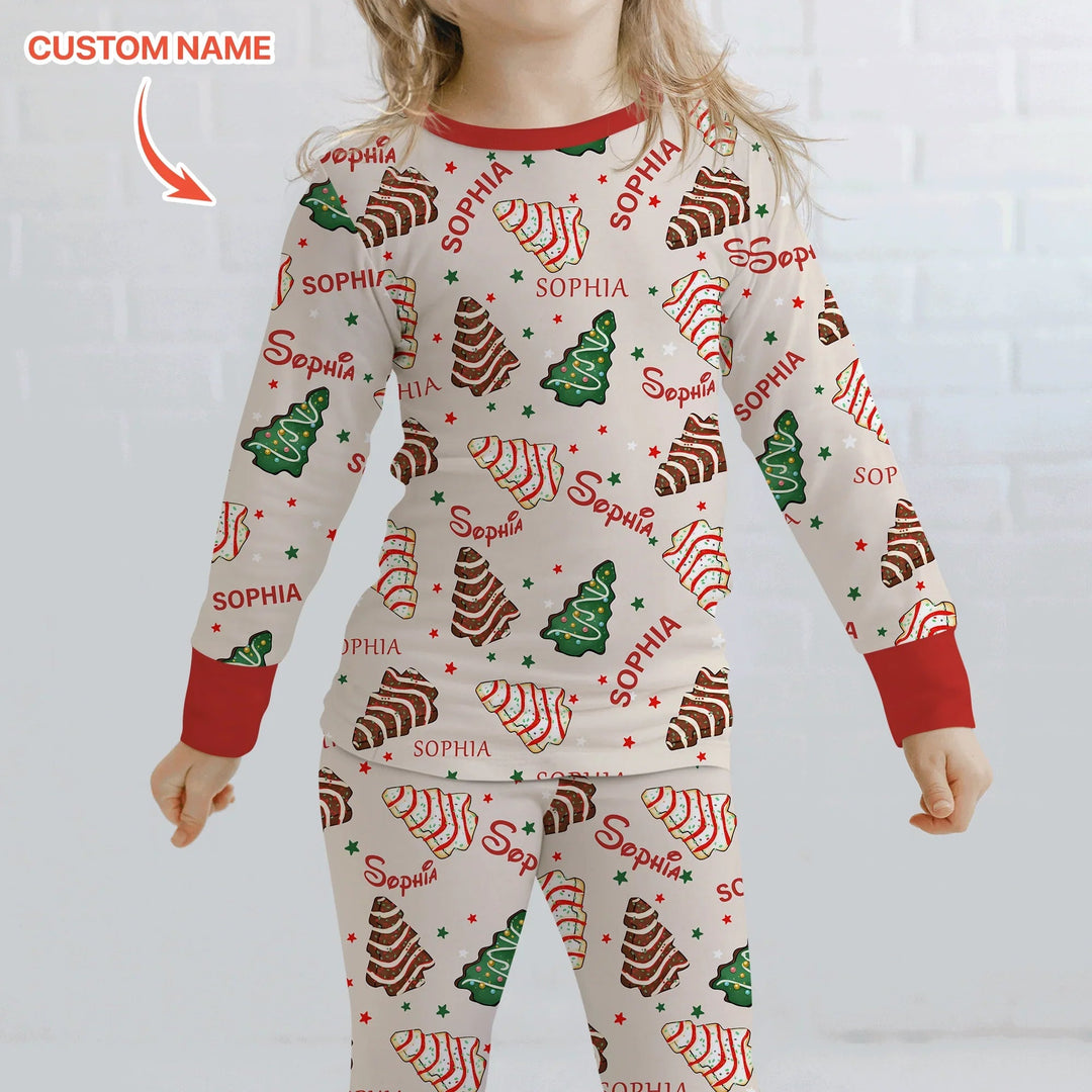 Christmas Tree Cake Custom Name Two Piece Long Sleeve Pajama Set - Zumbamboo