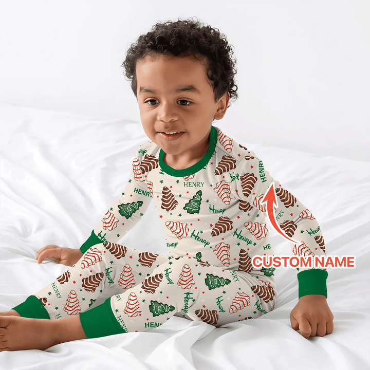 Christmas Tree Cake Custom Name Two Piece Long Sleeve Pajama Set - Zumbamboo