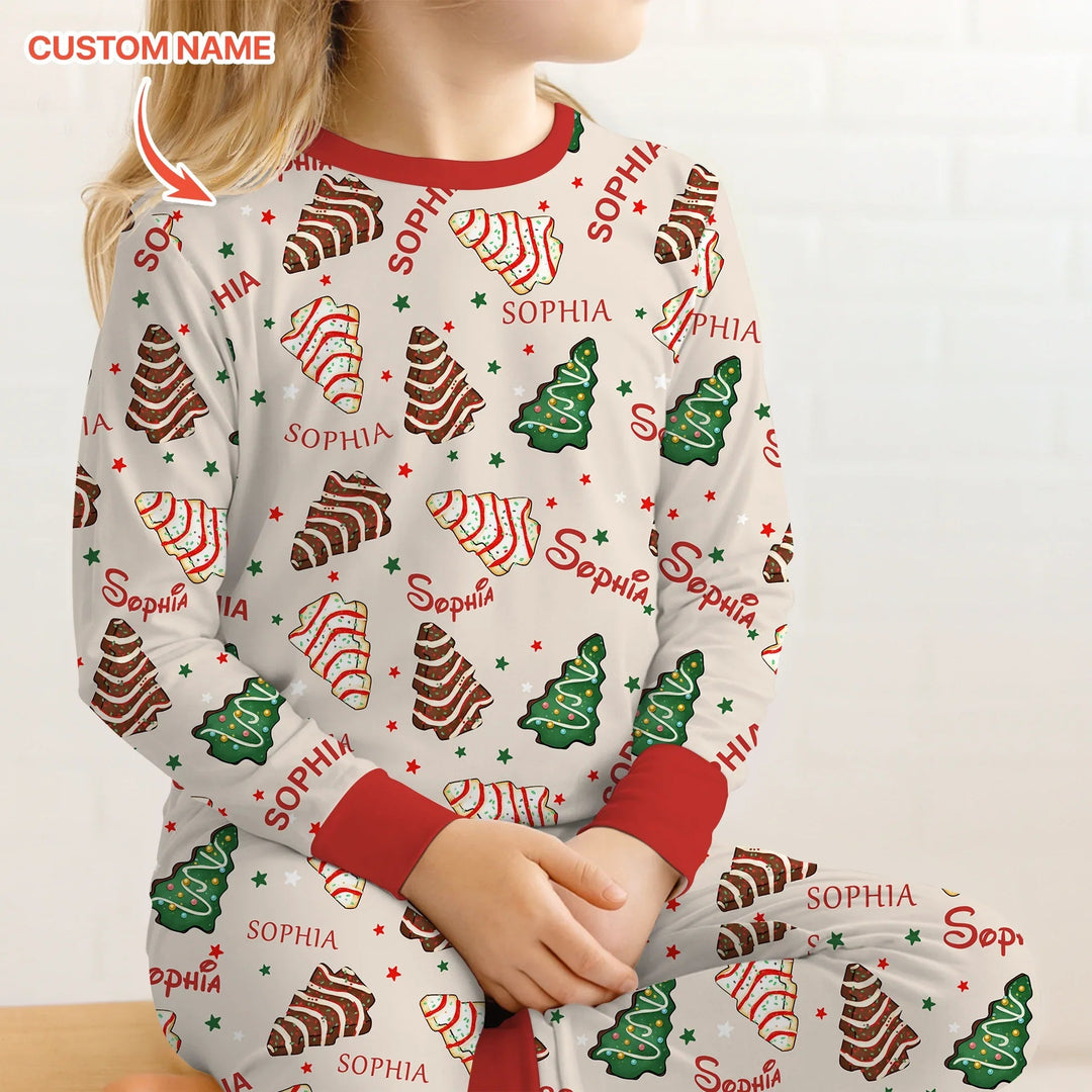 Christmas Tree Cake Custom Name Two Piece Long Sleeve Pajama Set - Zumbamboo