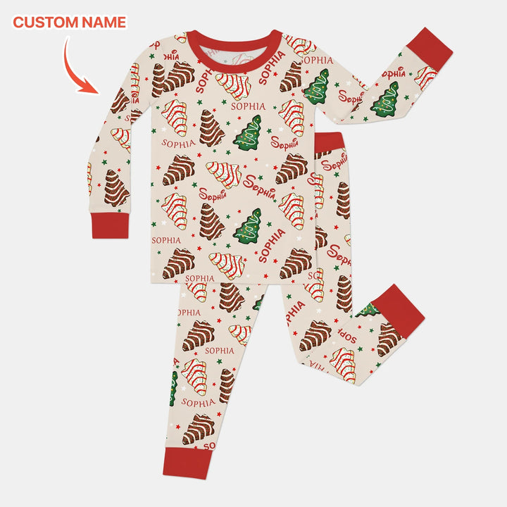 Christmas Tree Cake Custom Name Two Piece Long Sleeve Pajama Set - Zumbamboo