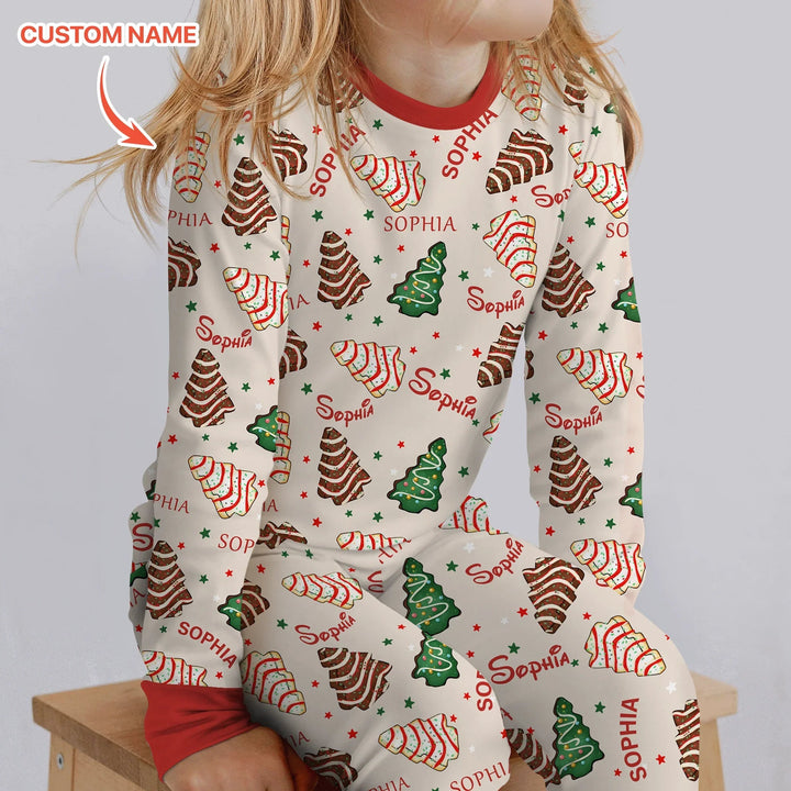 Christmas Tree Cake Custom Name Two Piece Long Sleeve Pajama Set - Zumbamboo