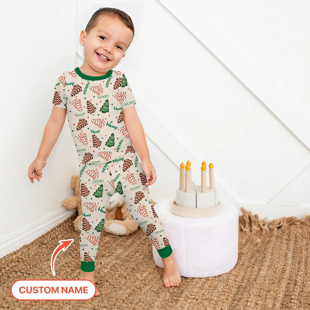 Christmas Tree Cake Custom Name Two Piece Short Sleeve Pajama Set - Zumbamboo