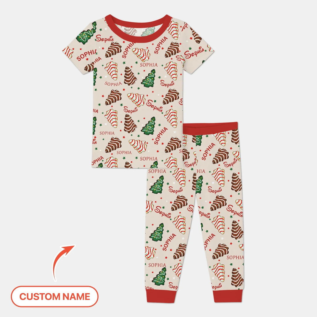 Christmas Tree Cake Custom Name Two Piece Short Sleeve Pajama Set - Zumbamboo