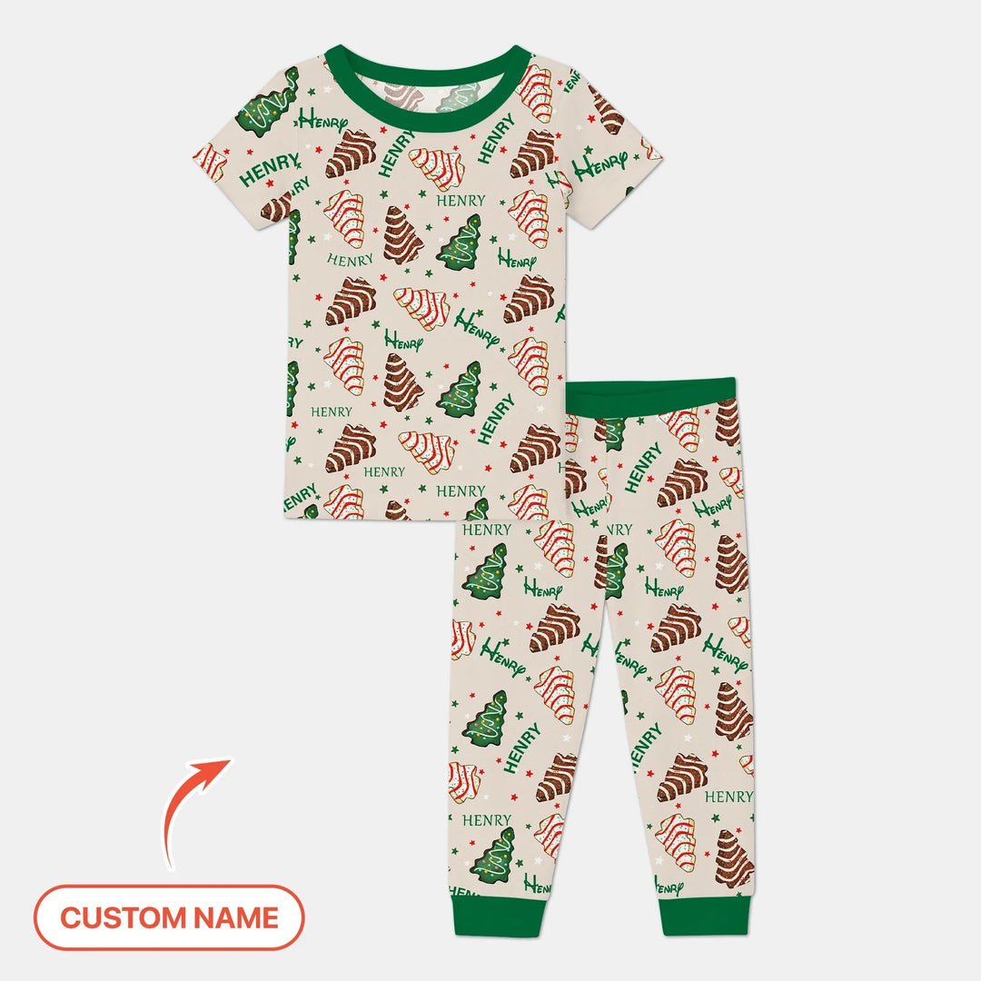 Christmas Tree Cake Custom Name Two Piece Short Sleeve Pajama Set - Zumbamboo