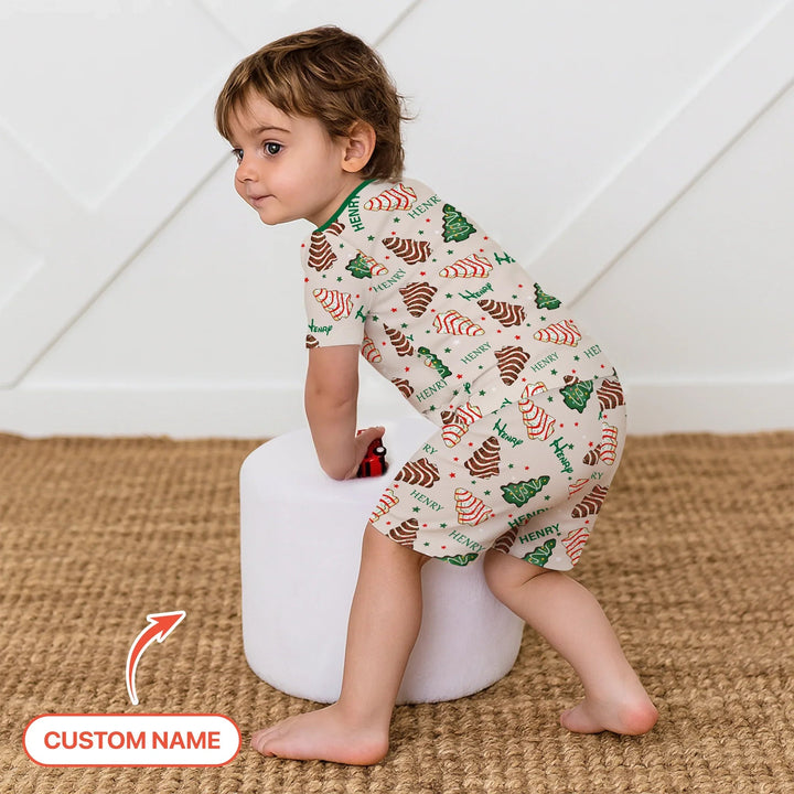 Christmas Tree Cake Custom Name Two Piece Short Sleeve Shorts Pajama Set - Zumbamboo