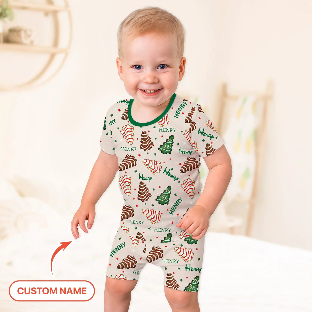 Christmas Tree Cake Custom Name Two Piece Short Sleeve Shorts Pajama Set - Zumbamboo