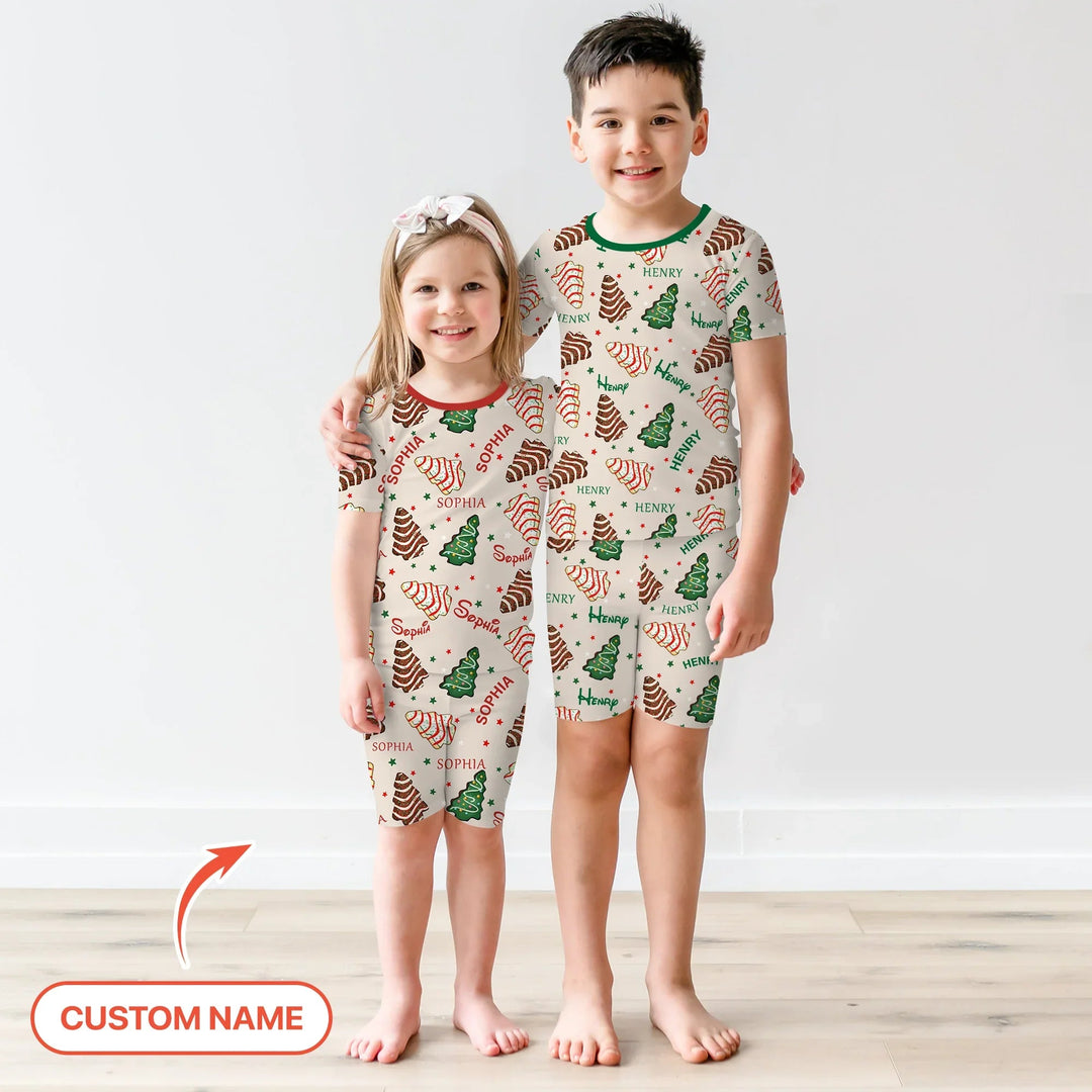 Christmas Tree Cake Custom Name Two Piece Short Sleeve Shorts Pajama Set - Zumbamboo