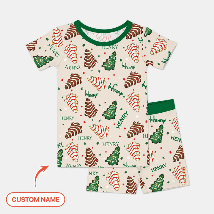 Christmas Tree Cake Custom Name Two Piece Short Sleeve Shorts Pajama Set - Zumbamboo