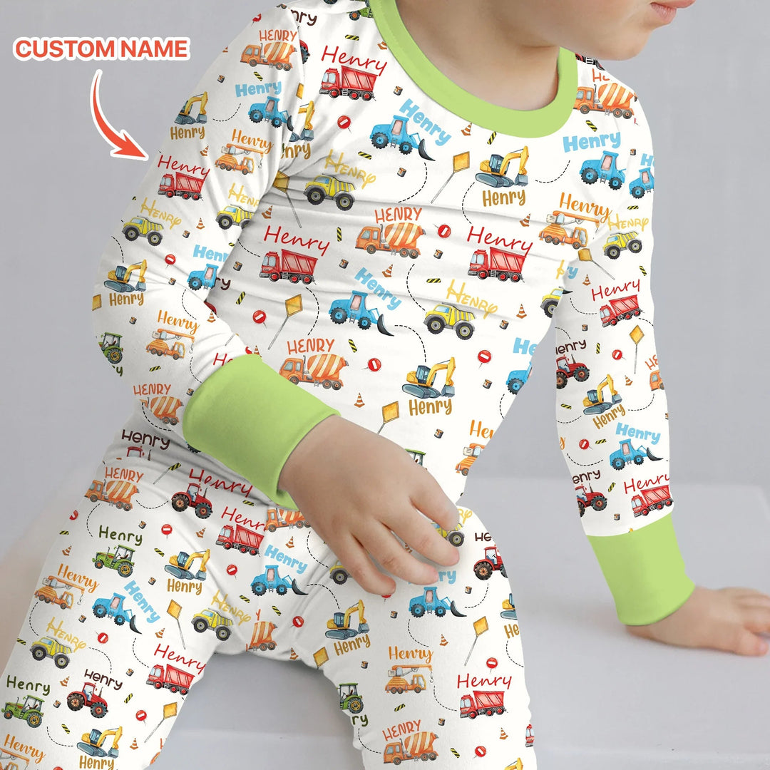 Construction Vehicles Custom Name Two Piece Long Sleeve Pajama Set - Zumbamboo