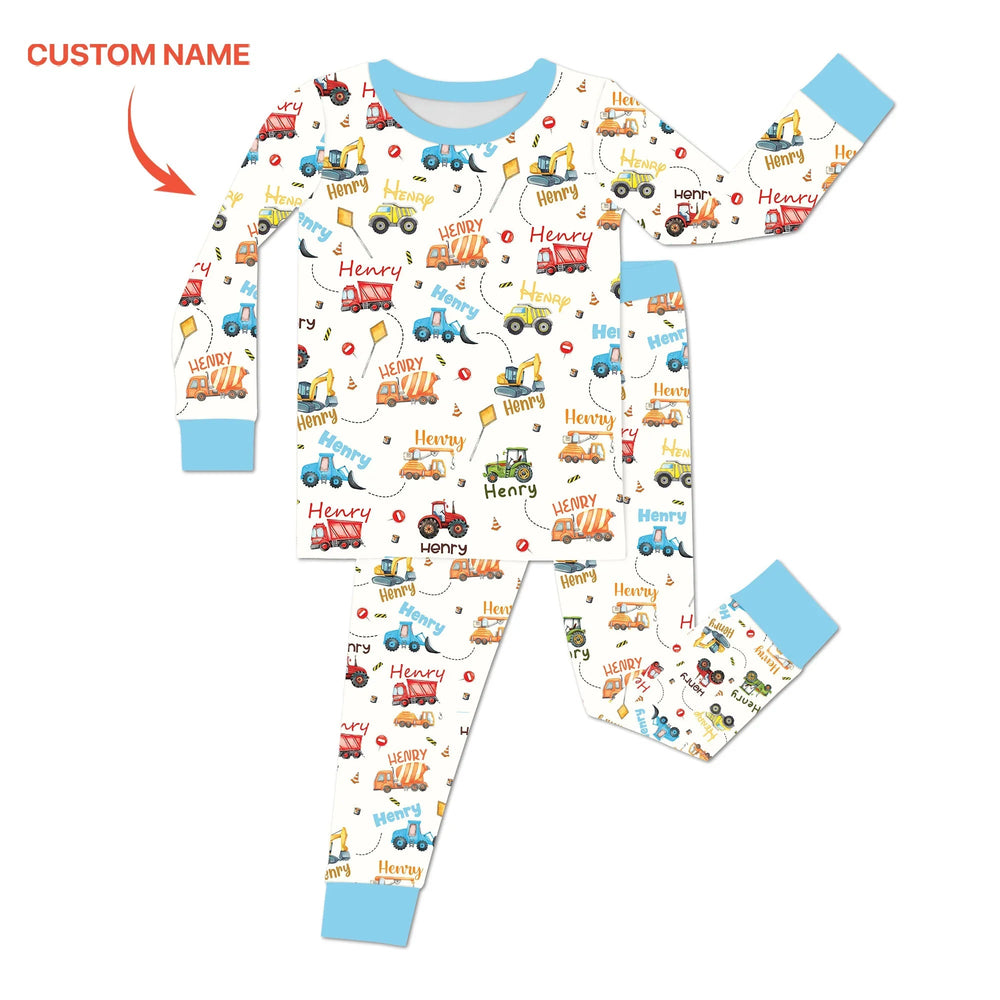 Construction Vehicles Custom Name Two Piece Long Sleeve Pajama Set , Construction Vehicles Custom Name Two Piece Long Sleeve Pajama Set - 12-18M