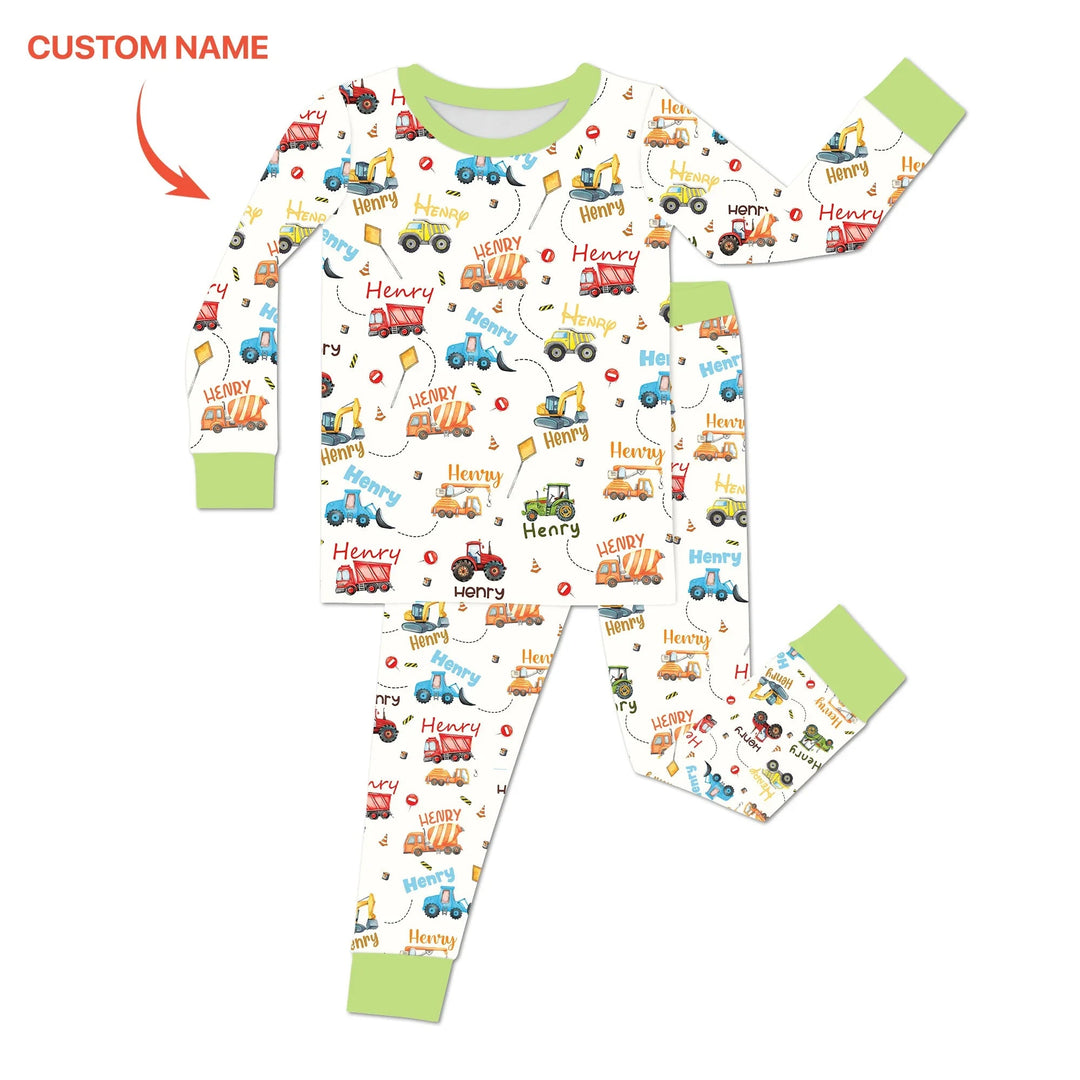 Construction Vehicles Custom Name Two Piece Long Sleeve Pajama Set - Zumbamboo
