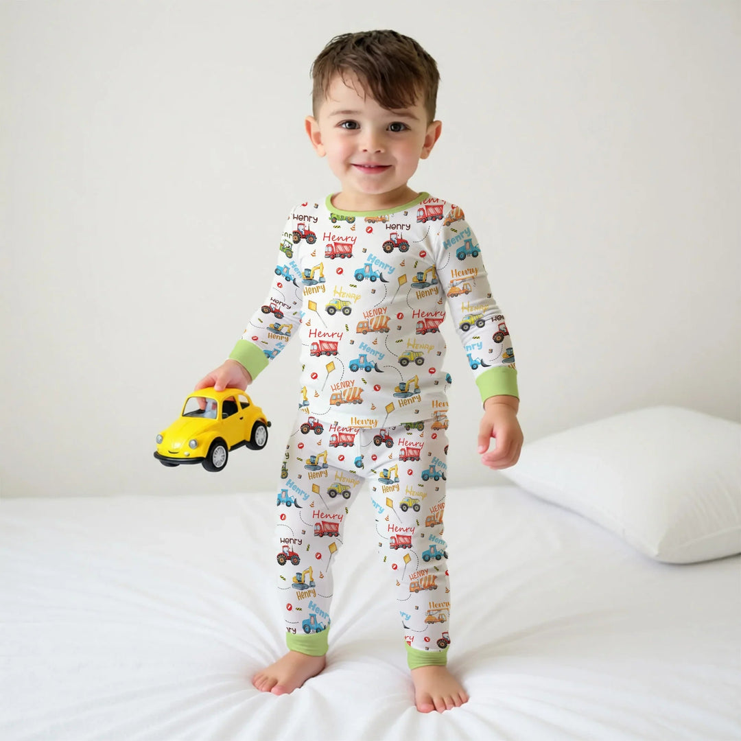 Construction Vehicles Custom Name Two Piece Long Sleeve Pajama Set - Zumbamboo