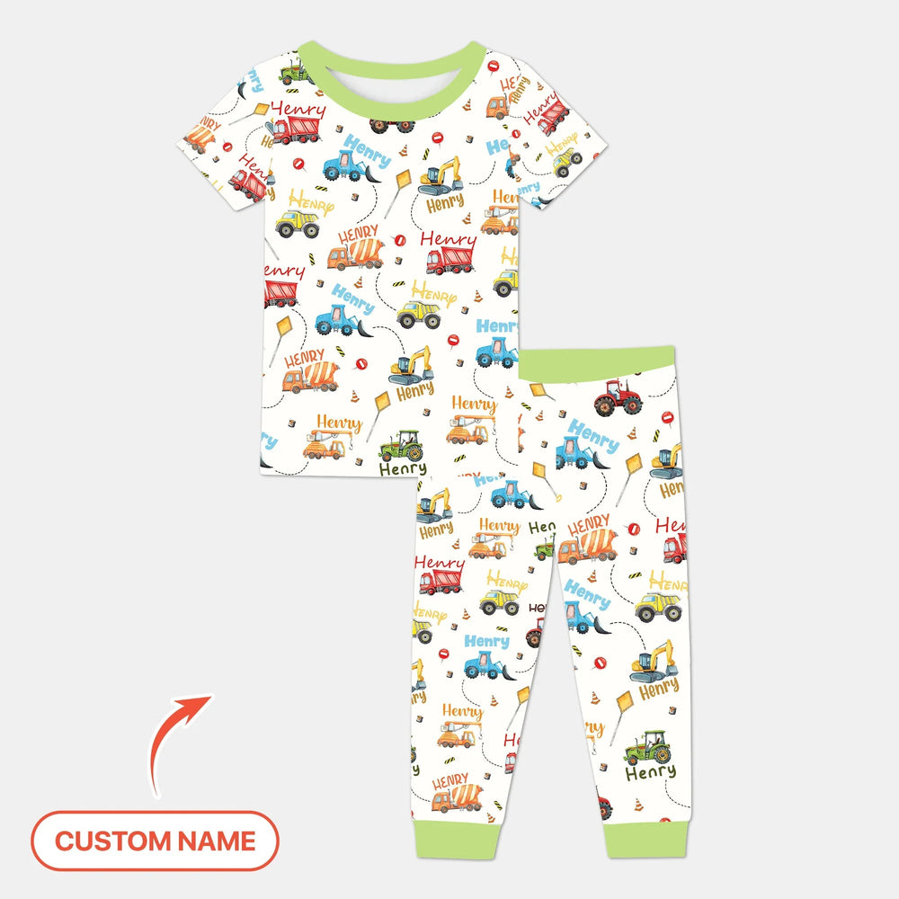 Construction Vehicles Custom Name Two Piece Short Sleeve Pajama Set - Zumbamboo
