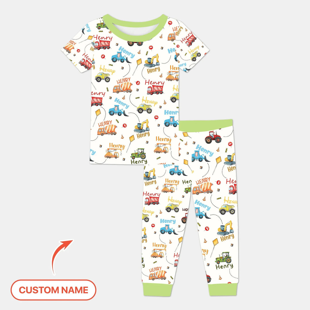 Construction Vehicles Custom Name Two Piece Short Sleeve Pajama Set - Zumbamboo