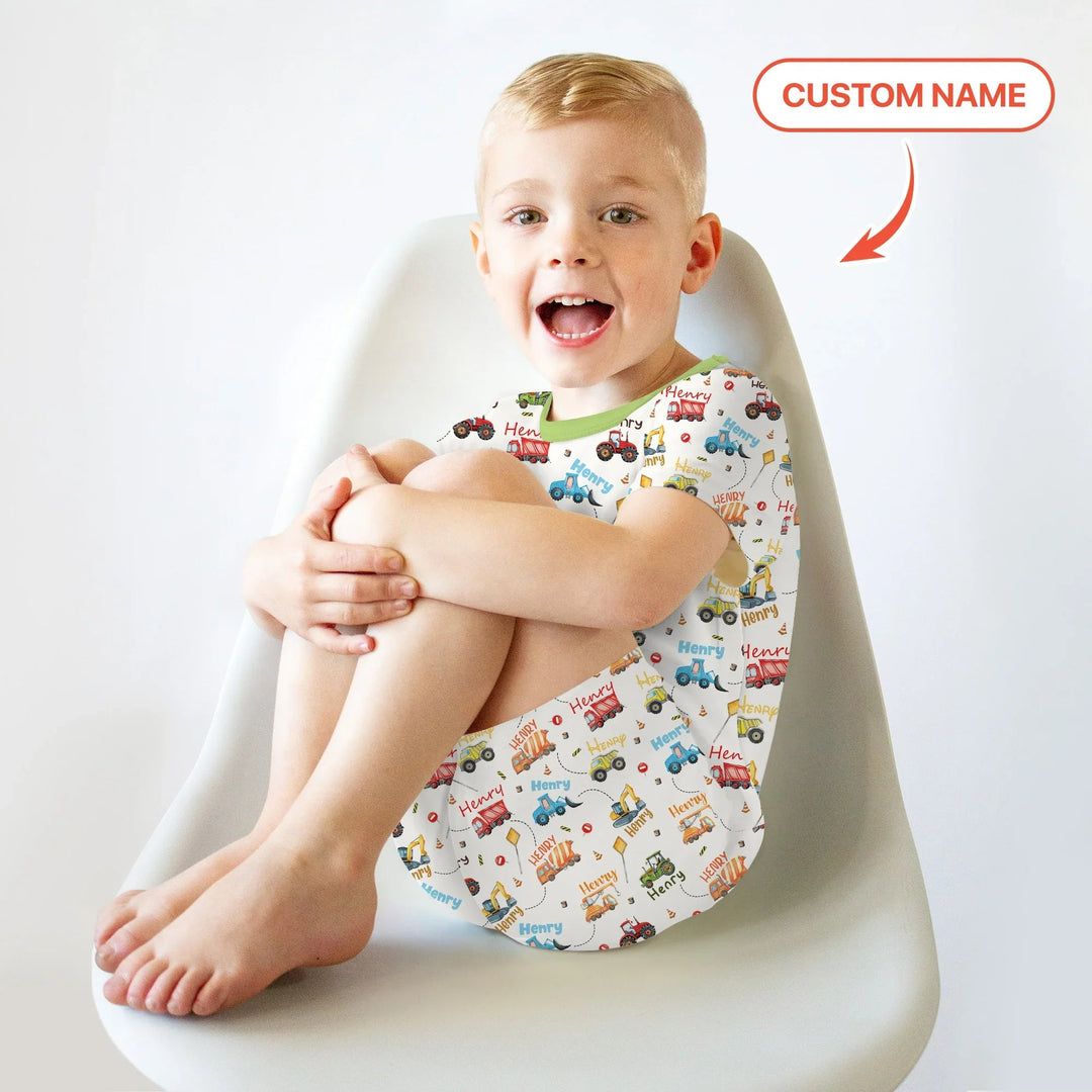 Construction Vehicles Custom Name Two Piece Short Sleeve Shorts Pajama Set - Zumbamboo