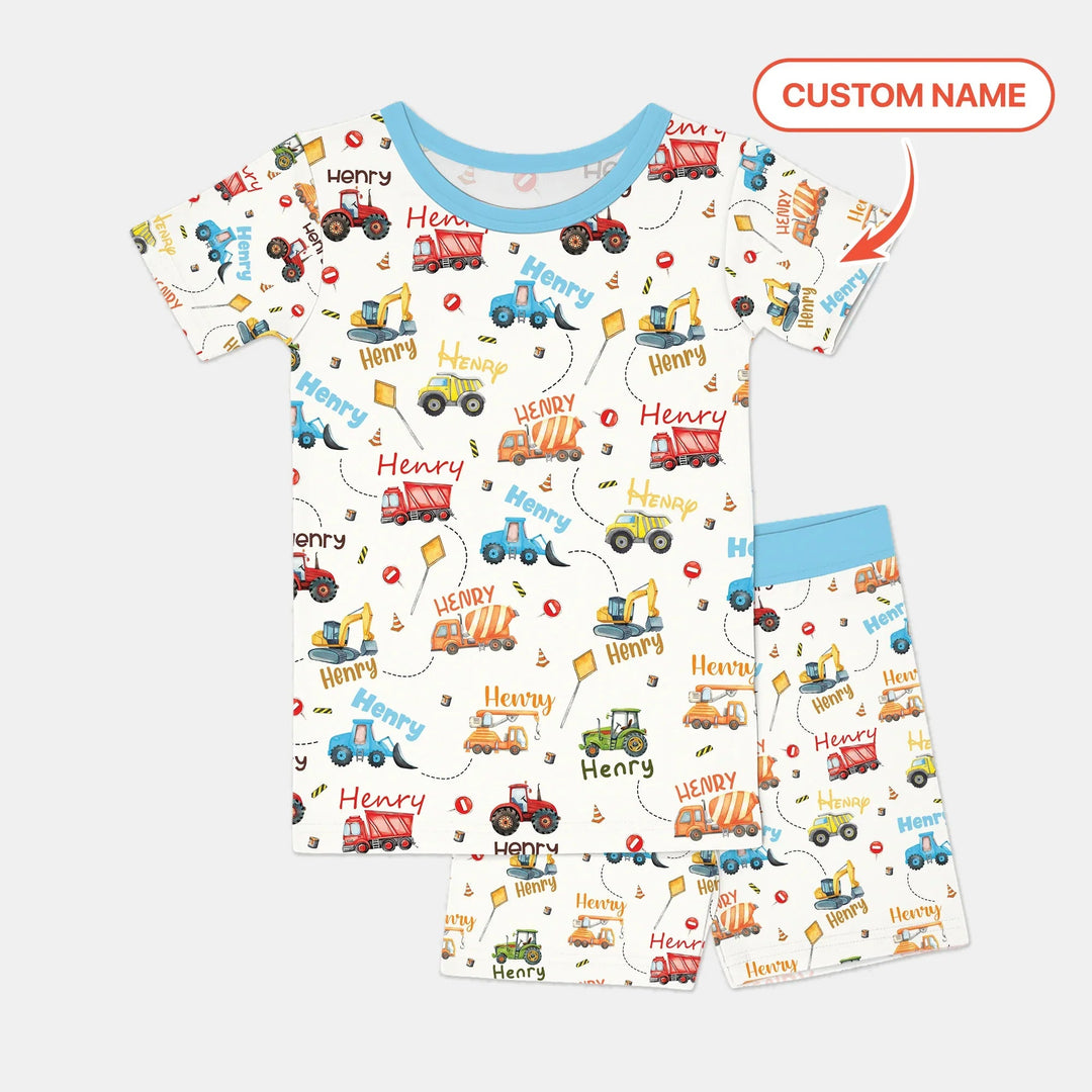 Construction Vehicles Custom Name Two Piece Short Sleeve Shorts Pajama Set - Zumbamboo