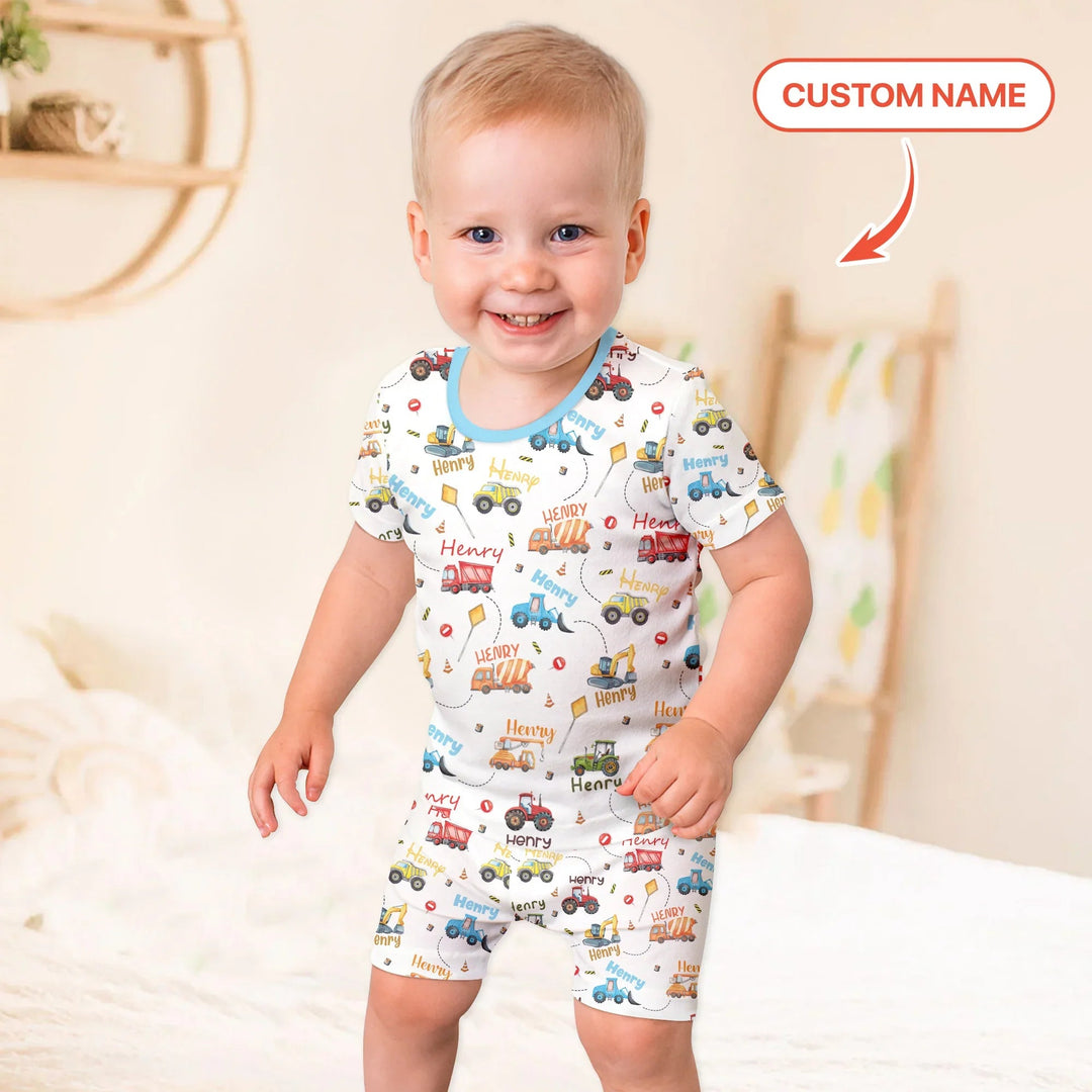 Construction Vehicles Custom Name Two Piece Short Sleeve Shorts Pajama Set - Zumbamboo