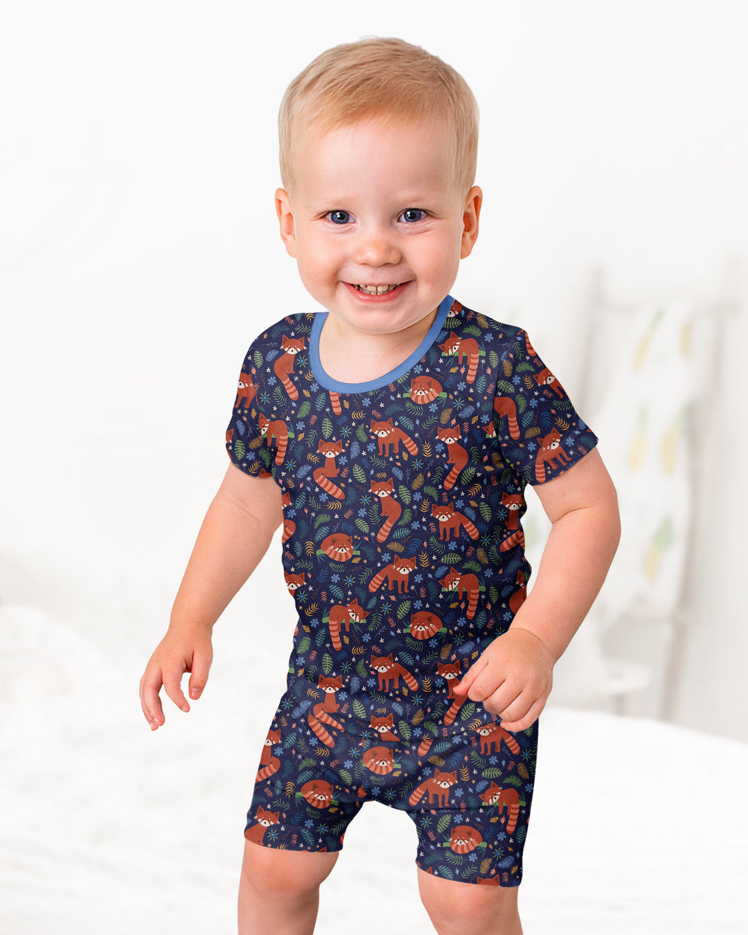 Tossed Red Panda Bamboo Two Piece Short Sleeve Shorts Pajama Set