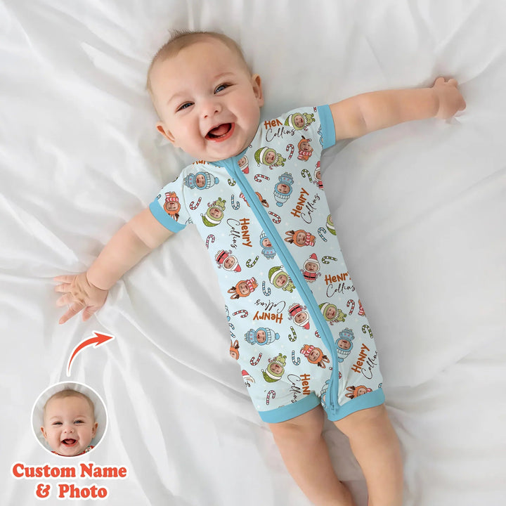 Custom Baby Photo Christmas Bear Shorty Zippy , Custom Baby Photo Christmas Bear Shorty Zippy - 0-3M