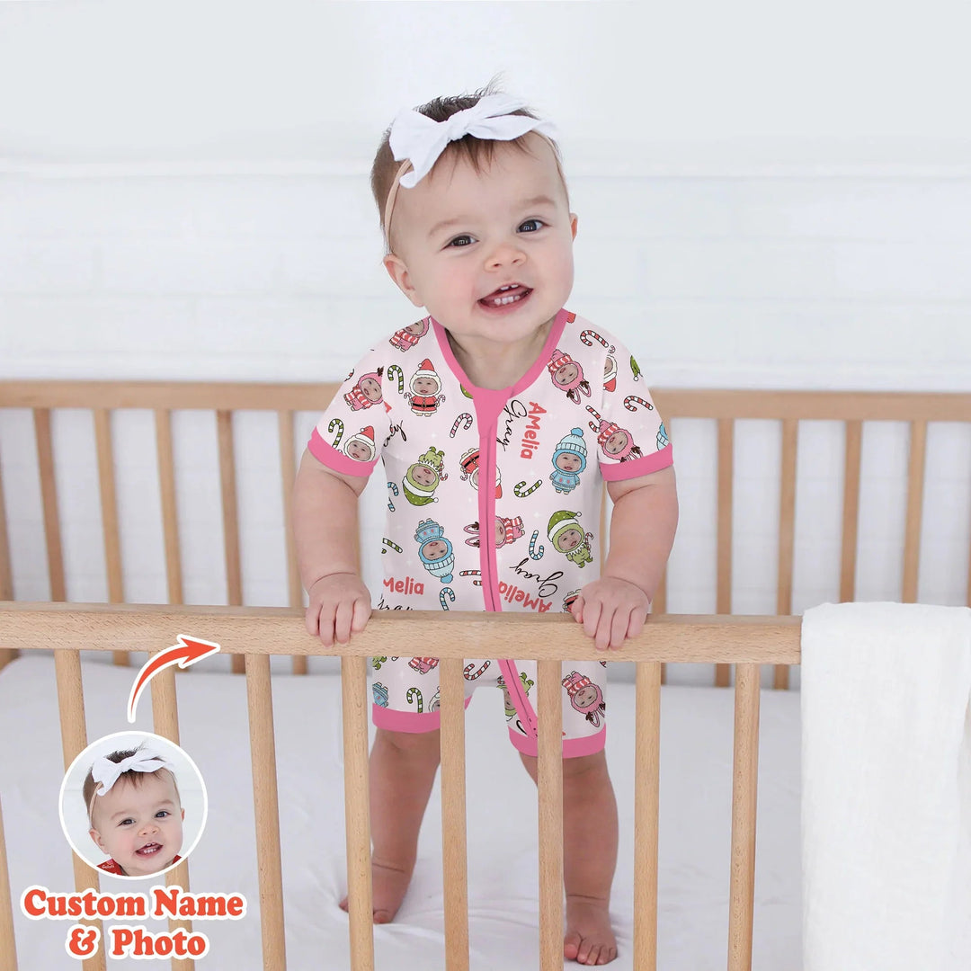 Custom Baby Photo Christmas Bear Shorty Zippy , Custom Baby Photo Christmas Bear Shorty Zippy - 0-3M