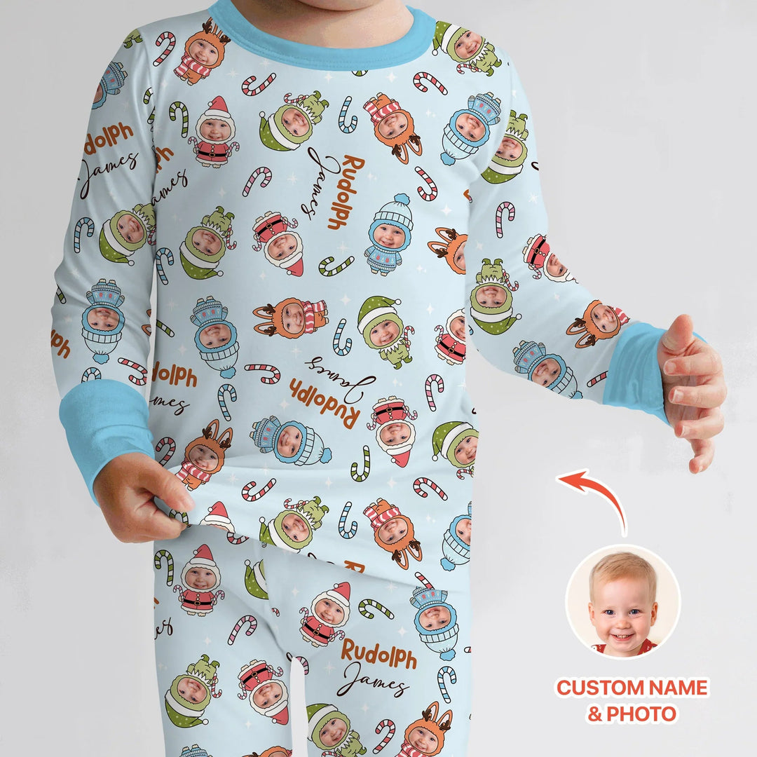 Custom Baby Photo Christmas Bear Two Piece Long Sleeve Pajama Set , Custom Baby Photo Christmas Bear Two Piece Long Sleeve Pajama Set - 12-18M