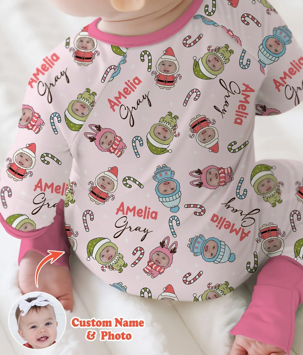 Custom Baby Photo Christmas Bear Two Piece Long Sleeve Pajama Set - Zumbamboo