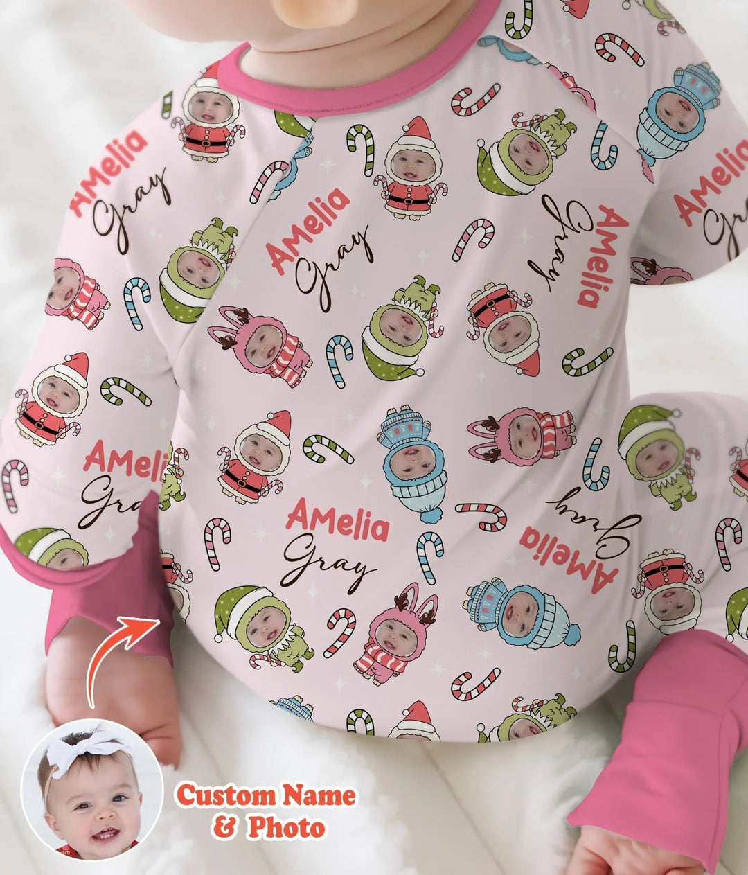 Custom Baby Photo Christmas Bear Two Piece Long Sleeve Pajama Set , Custom Baby Photo Christmas Bear Two Piece Long Sleeve Pajama Set - 12-18M