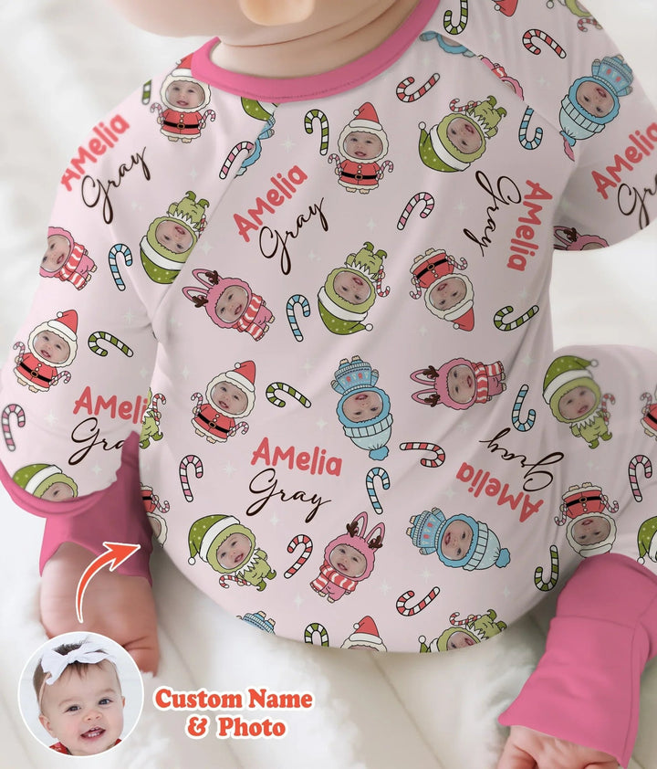 Custom Baby Photo Christmas Bear Two Piece Long Sleeve Pajama Set , Custom Baby Photo Christmas Bear Two Piece Long Sleeve Pajama Set - 12-18M