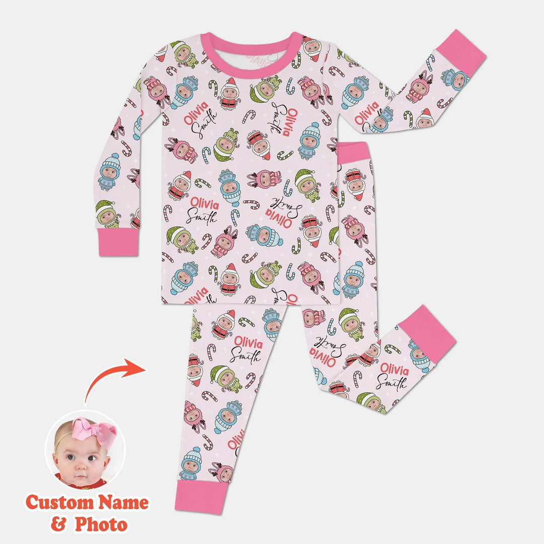 Custom Baby Photo Christmas Bear Two Piece Long Sleeve Pajama Set , Custom Baby Photo Christmas Bear Two Piece Long Sleeve Pajama Set - 12-18M