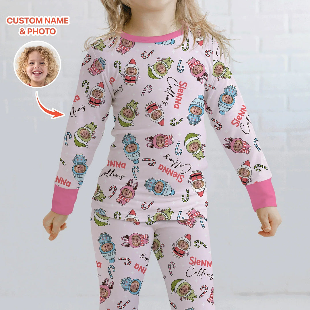 Custom Baby Photo Christmas Bear Two Piece Long Sleeve Pajama Set - Zumbamboo