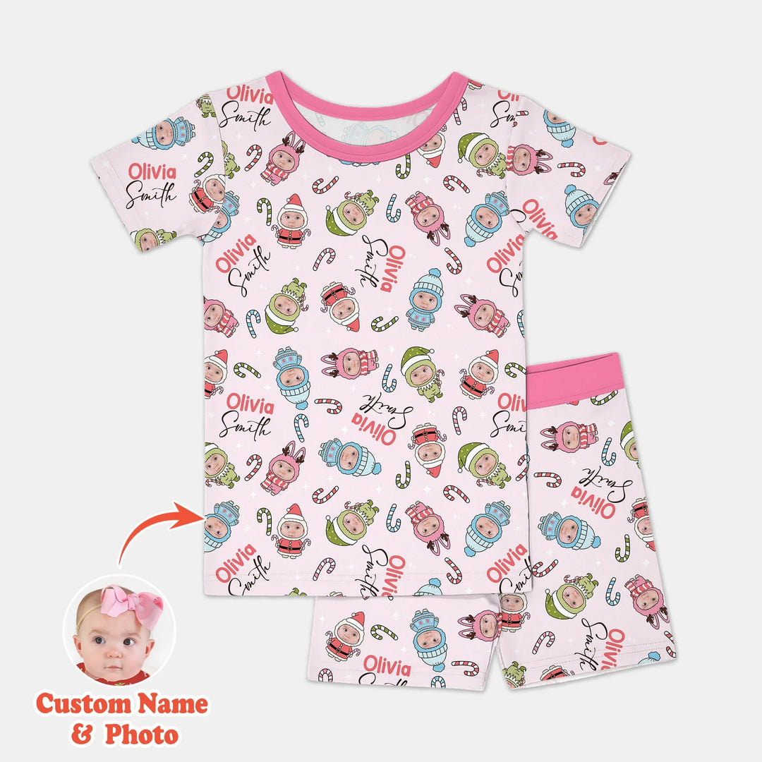 Custom Baby Photo Christmas Bear Two Piece Short Sleeve Shorts Pajama Set , Custom Baby Photo Christmas Bear Two Piece Short Sleeve Shorts Pajama Set - 12-18M / Pink