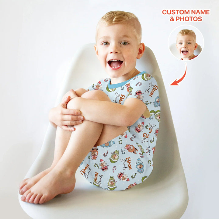 Custom Baby Photo Christmas Bear Two Piece Short Sleeve Shorts Pajama Set , Custom Baby Photo Christmas Bear Two Piece Short Sleeve Shorts Pajama Set - 12-18M / Blue