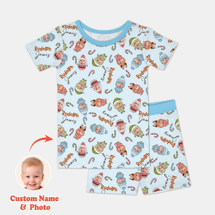 Custom Baby Photo Christmas Bear Two Piece Short Sleeve Shorts Pajama Set , Custom Baby Photo Christmas Bear Two Piece Short Sleeve Shorts Pajama Set - 12-18M / Blue