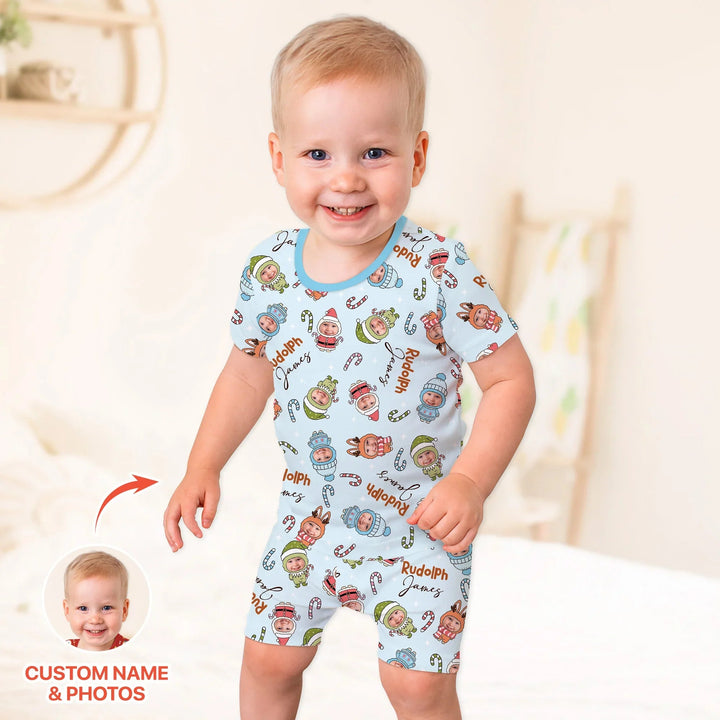 Custom Baby Photo Christmas Bear Two Piece Short Sleeve Shorts Pajama Set , Custom Baby Photo Christmas Bear Two Piece Short Sleeve Shorts Pajama Set - 12-18M / Blue