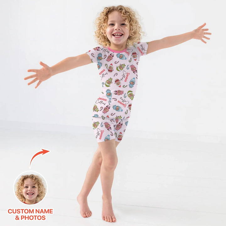 Custom Baby Photo Christmas Bear Two Piece Short Sleeve Shorts Pajama Set , Custom Baby Photo Christmas Bear Two Piece Short Sleeve Shorts Pajama Set - 12-18M / Blue