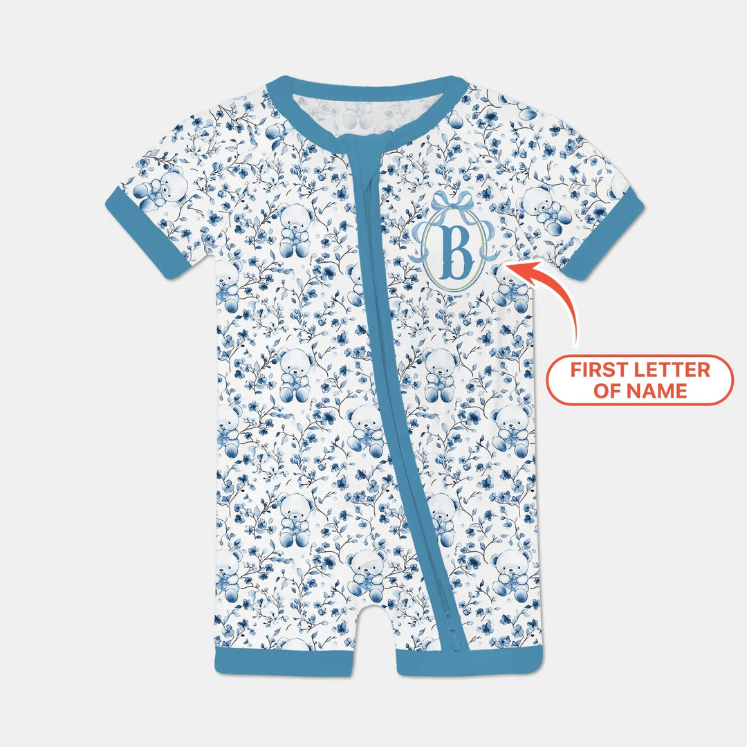 Custom Blue Chinoiserie Teddy Shorty Zippy , Custom Blue Chinoiserie Teddy Shorty Zippy - 0-3M