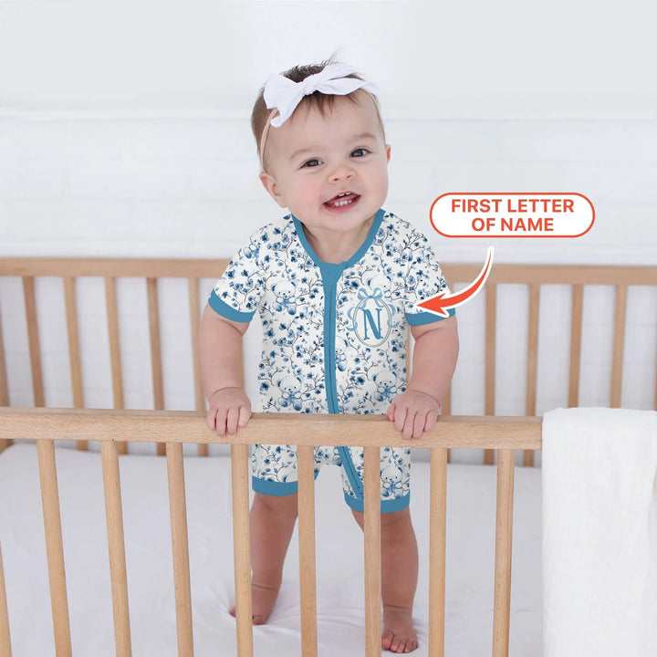 Custom Blue Chinoiserie Teddy Shorty Zippy , Custom Blue Chinoiserie Teddy Shorty Zippy - 0-3M