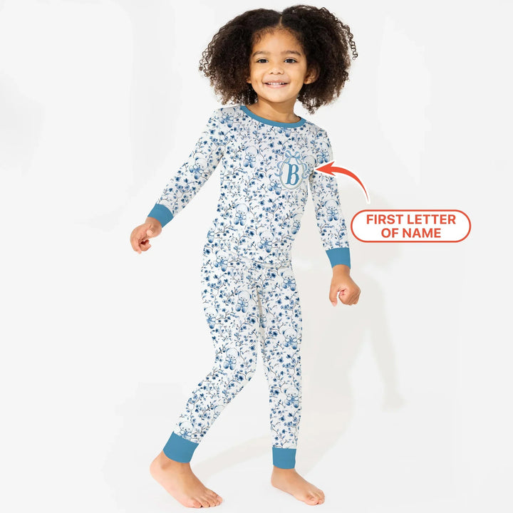 Custom Blue Chinoiserie Teddy Two Piece Long Sleeve Pajama Set , Custom Blue Chinoiserie Teddy Two Piece Long Sleeve Pajama Set - 12-18M