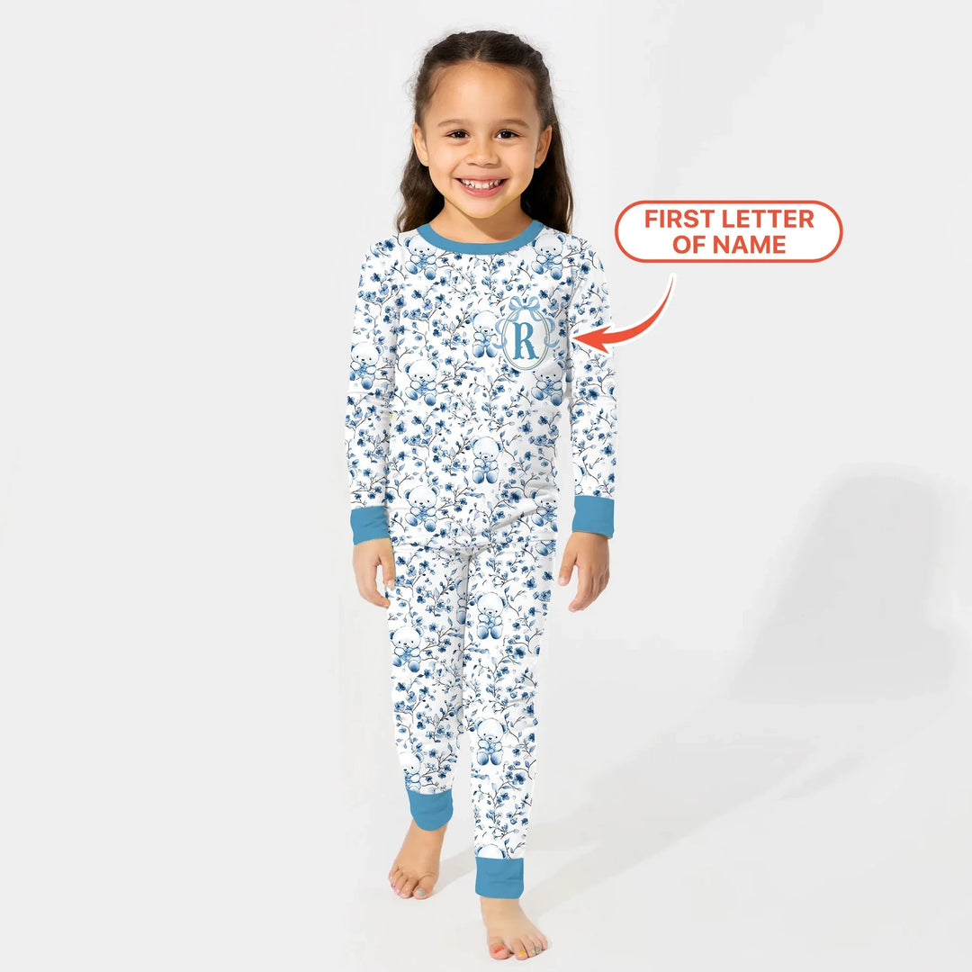 Custom Blue Chinoiserie Teddy Two Piece Long Sleeve Pajama Set , Custom Blue Chinoiserie Teddy Two Piece Long Sleeve Pajama Set - 12-18M