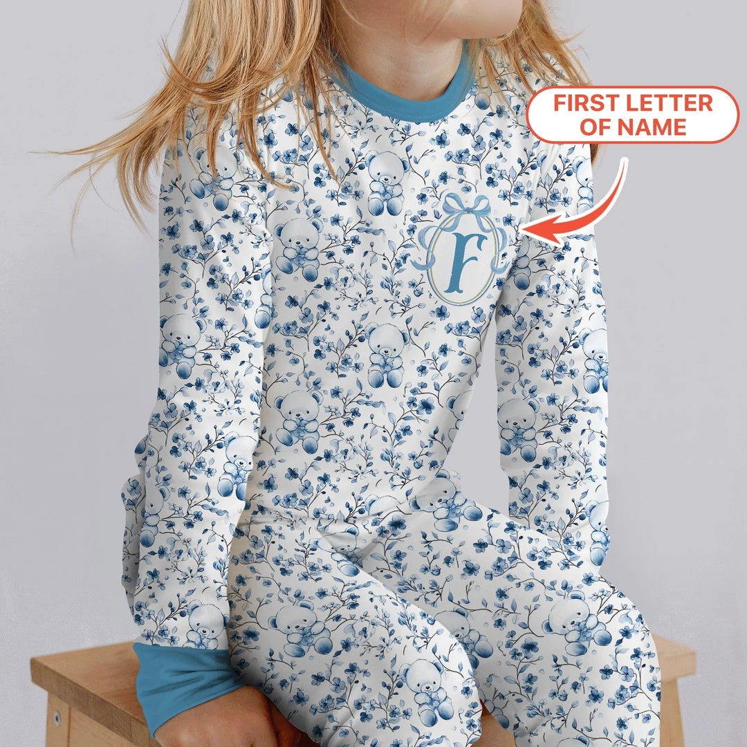 Custom Blue Chinoiserie Teddy Two Piece Long Sleeve Pajama Set , Custom Blue Chinoiserie Teddy Two Piece Long Sleeve Pajama Set - 12-18M