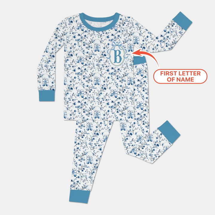 Custom Blue Chinoiserie Teddy Two Piece Long Sleeve Pajama Set , Custom Blue Chinoiserie Teddy Two Piece Long Sleeve Pajama Set - 12-18M