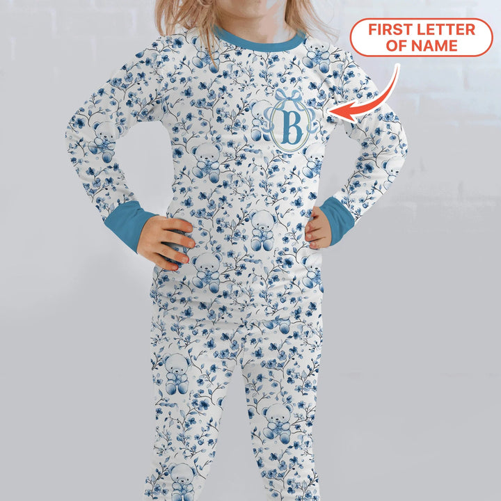 Custom Blue Chinoiserie Teddy Two Piece Long Sleeve Pajama Set , Custom Blue Chinoiserie Teddy Two Piece Long Sleeve Pajama Set - 12-18M