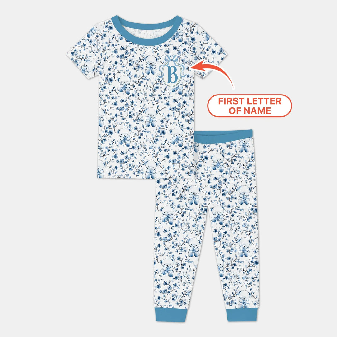 Custom Blue Chinoiserie Teddy Two Piece Short Sleeve Pajama Set , Custom Blue Chinoiserie Teddy Two Piece Short Sleeve Pajama Set - 12-18M