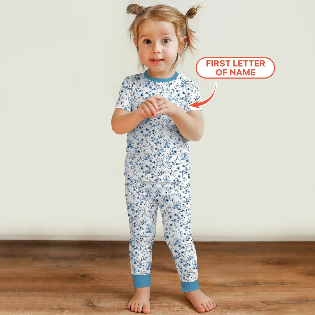 Custom Blue Chinoiserie Teddy Two Piece Short Sleeve Pajama Set , Custom Blue Chinoiserie Teddy Two Piece Short Sleeve Pajama Set - 12-18M
