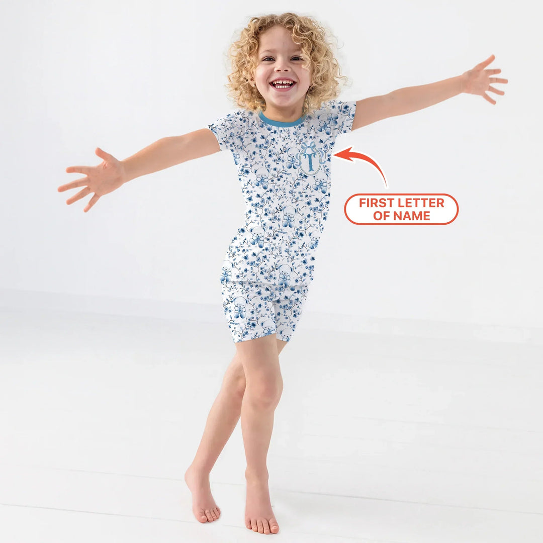 Custom Blue Chinoiserie Teddy Two Piece Short Sleeve Shorts Pajama Set , Custom Blue Chinoiserie Teddy Two Piece Short Sleeve Shorts Pajama Set - 12-18M